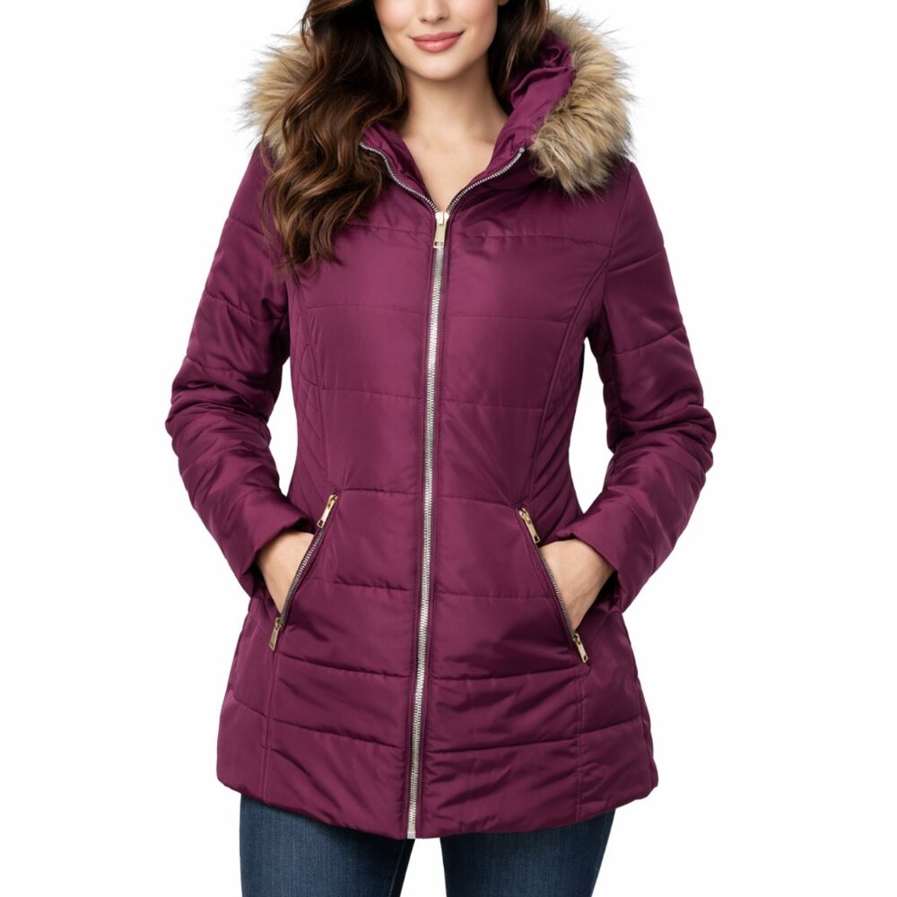 Maralyn & Me Dressed to Impress Puffer Jacket Maroon Purple Faux Fur Hood Large